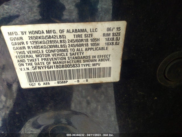Honda PILOT LX 2016 5FNYF6H18GB005833 Image 9
