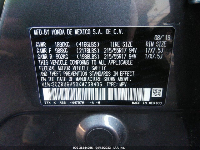 2019 HONDA HR-V EX VIN: 3CZRU6H50KM738406