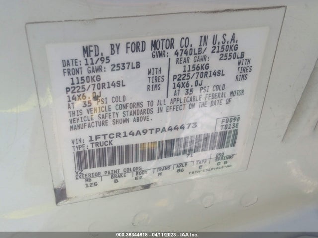 1996 FORD RANGER SUPER CAB VIN: 1FTCR14A9TPA44473