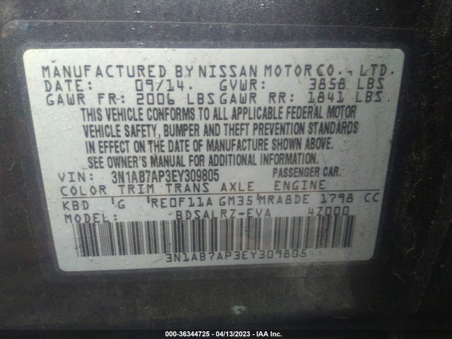2014 NISSAN SENTRA SR VIN: 3N1AB7AP3EY309805