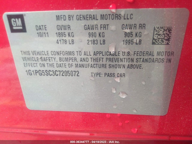 2012 CHEVROLET CRUZE LT W/2LT VIN: 1G1PG5SC3C7205072