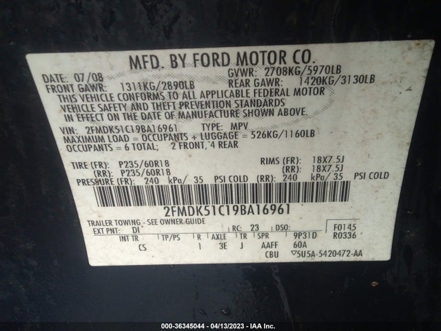 2009 FORD FLEX SE VIN: 2FMDK51C19BA16961
