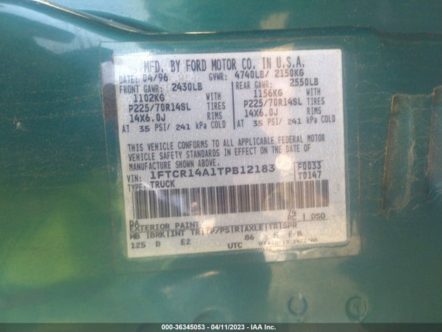 1996 FORD RANGER SUPER CAB VIN: 1FTCR14A1TPB12183