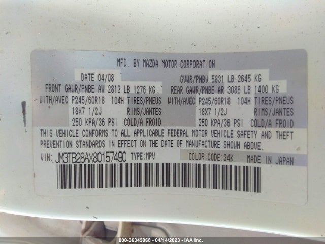 2008 MAZDA CX-9 SPORT VIN: JM3TB28AX80157490