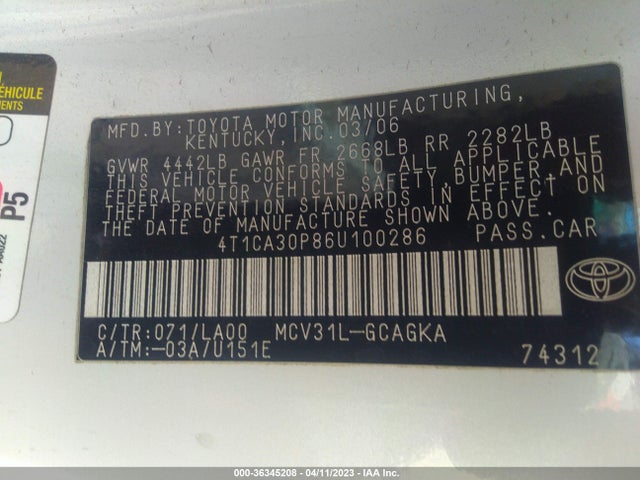 2006 TOYOTA CAMRY SOLARA SE/SPT/SLE V6 VIN: 4T1CA30P86U100286