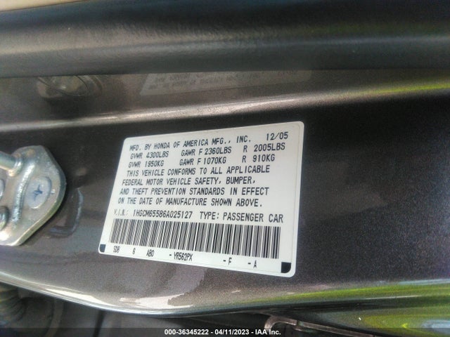 2006 HONDA ACCORD SDN EX-L V6 VIN: 1HGCM65586A025127