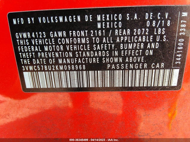 3VWC57BU2KM098968 Volkswagen Jetta S/se/r-line