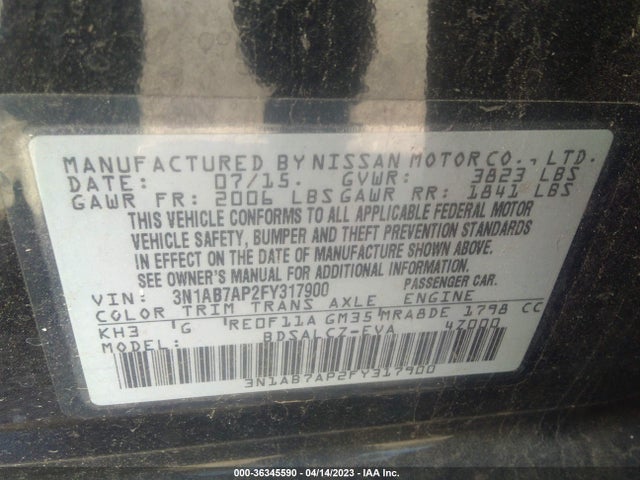 2015 NISSAN SENTRA S VIN: 3N1AB7AP2FY317900