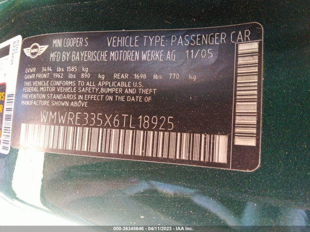 2006 MINI COOPER HARDTOP S VIN: WMWRE335X6TL18925