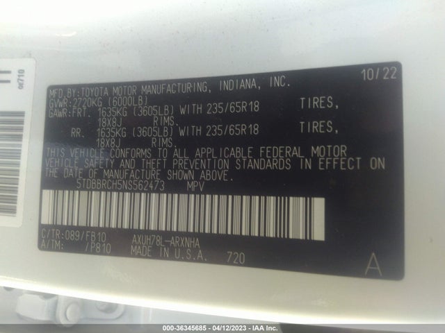 Toyota Highlander Hybrid Le 2022 5TDBBRCH5NS562473 Image 9