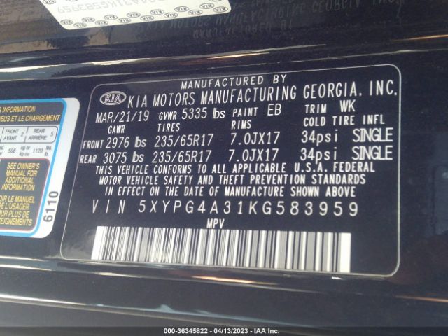 5XYPG4A31KG583959 KIA SORENTO L