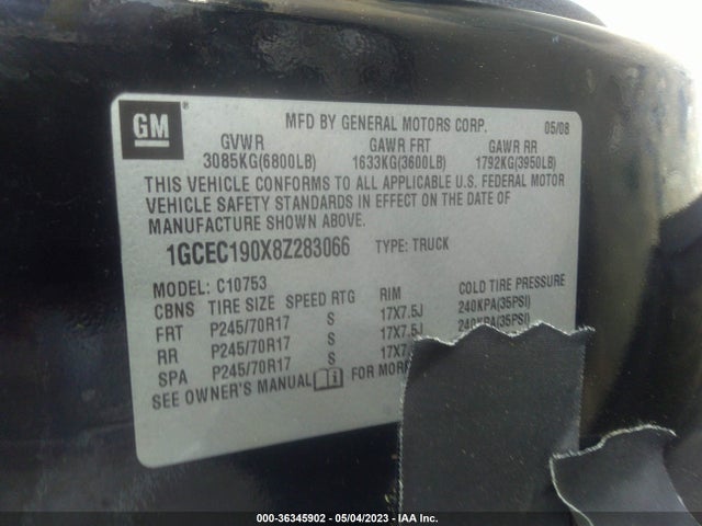 2008 CHEVROLET SILVERADO 1500 LT W/1LT VIN: 1GCEC190X8Z283066