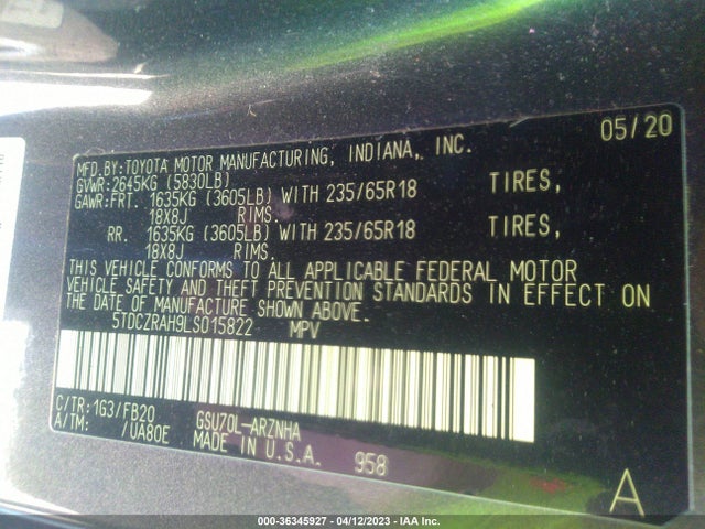 2020 TOYOTA HIGHLANDER L VIN: 5TDCZRAH9LS015822