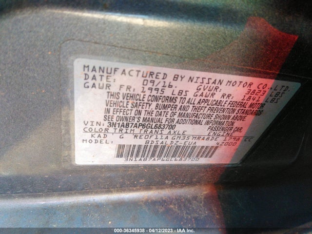 2016 NISSAN SENTRA SV VIN: 3N1AB7AP6GL683700