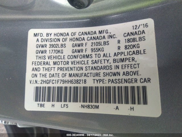 2017 HONDA CIVIC SEDAN EX-L VIN: 2HGFC1F79HH638218