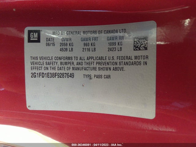 2015 CHEVROLET CAMARO LT VIN: 2G1FD1E38F9287649