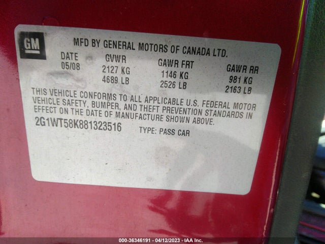 2008 CHEVROLET IMPALA LT VIN: 2G1WT58K881323516