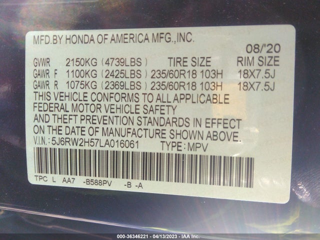 Honda CR-V EX 2020 5J6RW2H57LA016061 Image 9