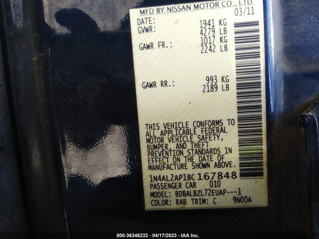 2011 NISSAN ALTIMA 2.5 S VIN: 1N4AL2AP1BC167848