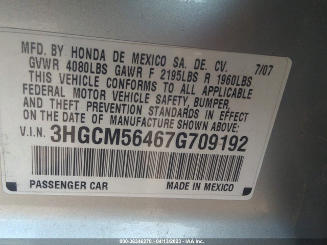 2007 HONDA ACCORD SDN LX VIN: 3HGCM56467G709192