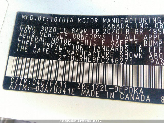 2015 TOYOTA COROLLA L/LE/S/S PLUS/LE PLUS VIN: 2T1BURHE9FC246271