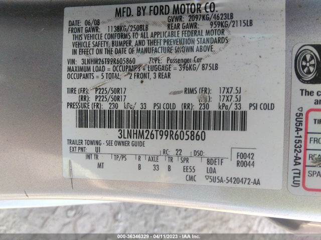 2009 LINCOLN MKZ VIN: 3LNHM26T99R605860