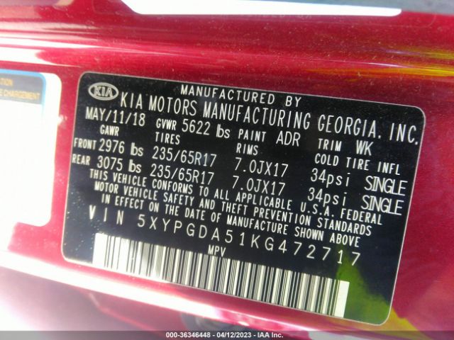 5XYPGDA51KG472717 KIA Sorento Lx V6