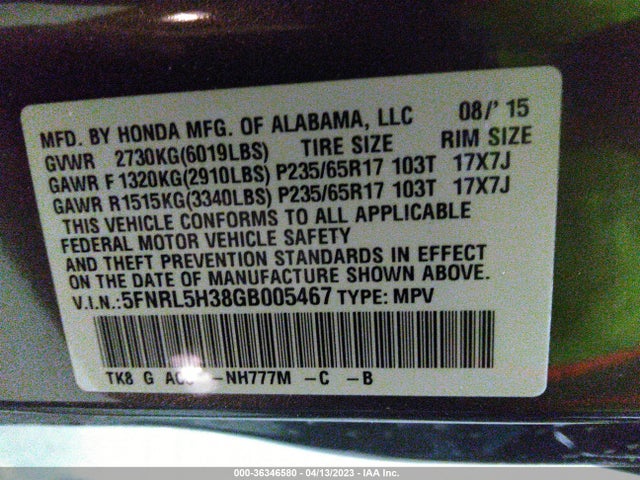 Honda ODYSSEY SE 2016 5FNRL5H38GB005467 Image 9