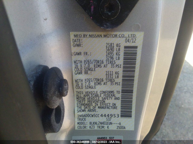 2012 NISSAN FRONTIER SV VIN: 1N6AD0CW5CC444953