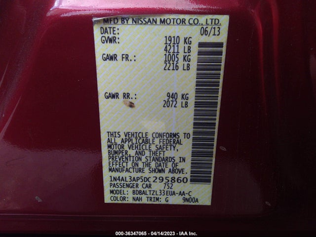 2013 NISSAN ALTIMA VIN: 1N4AL3AP5DC295860