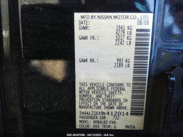 2009 NISSAN ALTIMA 2.5 S VIN: 1N4AL21EX9N412014