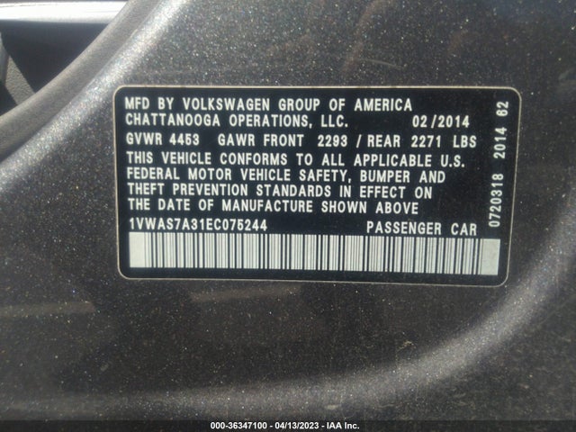 2014 VOLKSWAGEN PASSAT S VIN: 1VWAS7A31EC075244