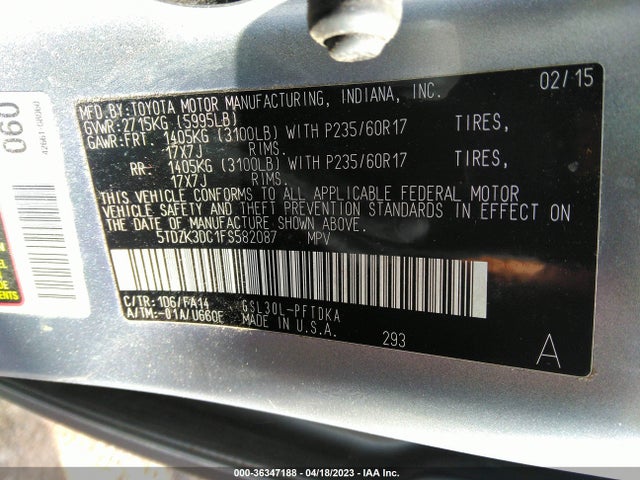 2015 TOYOTA SIENNA L VIN: 5TDZK3DC1FS582087