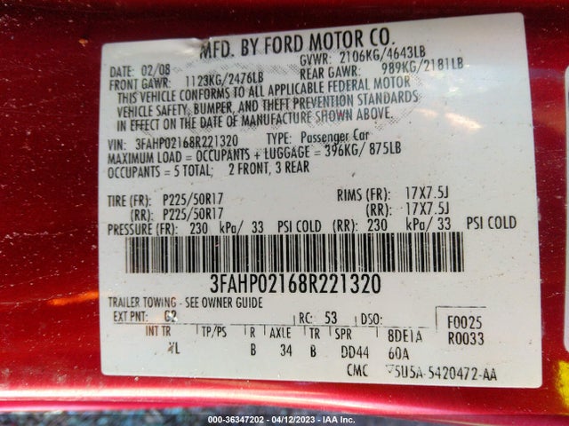 2008 FORD FUSION SEL VIN: 3FAHP02168R221320