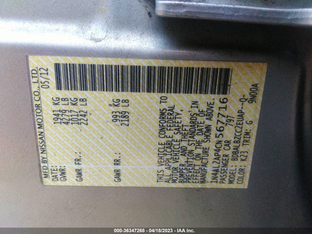 2012 NISSAN ALTIMA 2.5 S VIN: 1N4AL2AP4CN567716