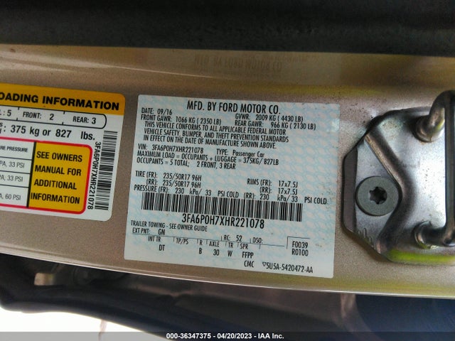 Ford FUSION SE 2017 3FA6P0H7XHR221078 Image 10