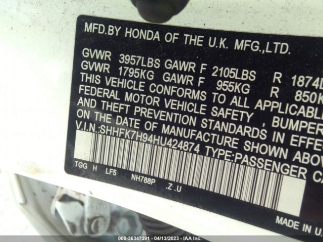SHHFK7H94HU424874 Honda Civic Sport Touring