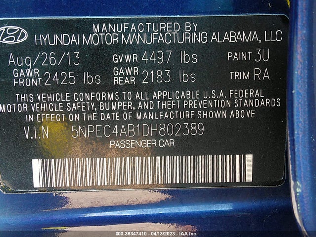 2013 HYUNDAI SONATA SE VIN: 5NPEC4AB1DH802389