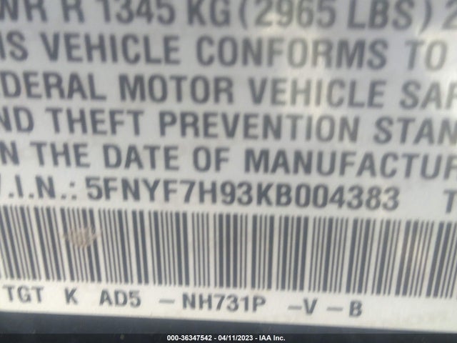 Honda Passport Touring 2019 5FNYF7H93KB004383 Image 11