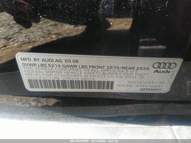 2005 AUDI A6 VIN: WAUDG74F05N105097