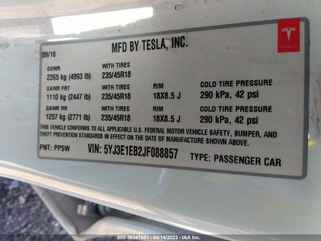 5YJ3E1EB2JF088857 Tesla Model 3 Long Range