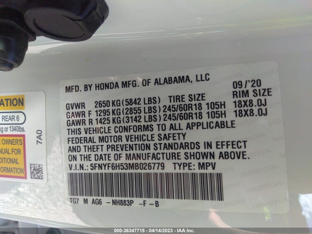 Honda Pilot Ex-l 2021 5FNYF6H53MB026779 Image 9