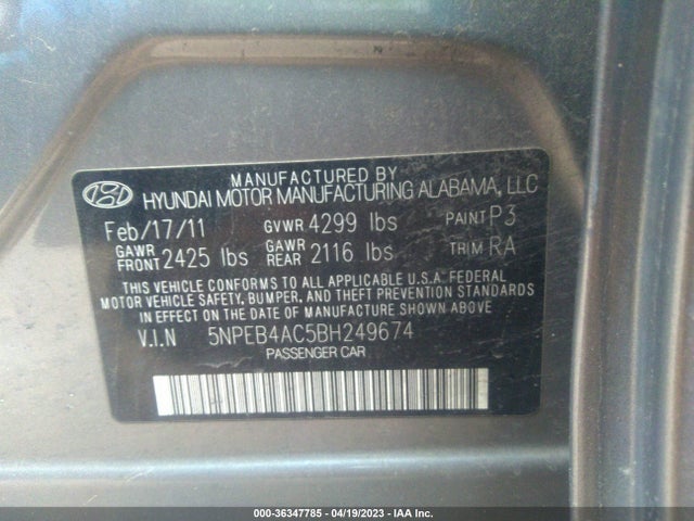 2011 HYUNDAI SONATA GLS VIN: 5NPEB4AC5BH249674