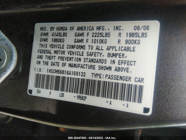 2006 HONDA ACCORD SDN EX-L VIN: 1HGCM56816A169122