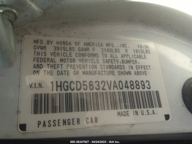 1997 HONDA ACCORD SDN LX VIN: 1HGCD5632VA048893