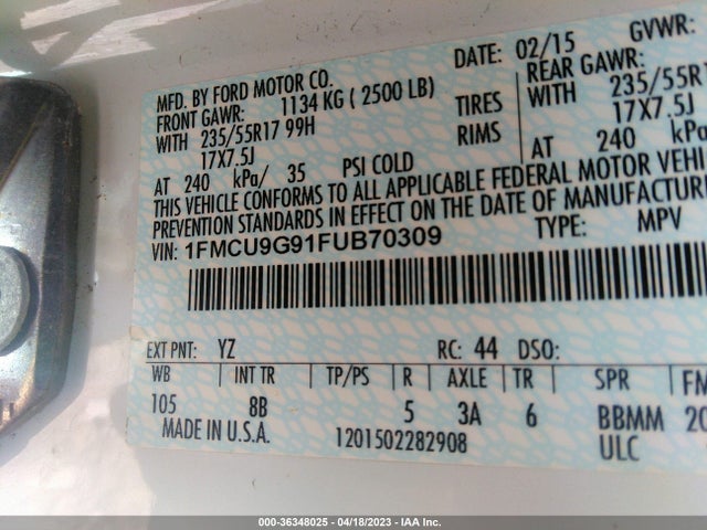 2015 FORD ESCAPE SE VIN: 1FMCU9G91FUB70309