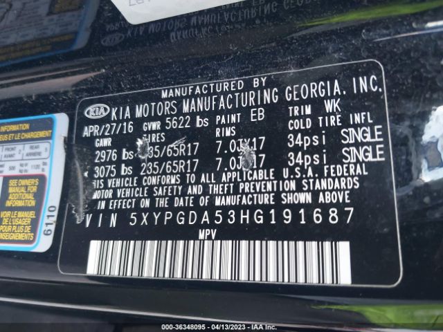 5XYPGDA53HG191687 KIA Sorento Lx V6