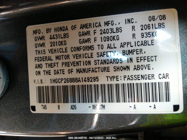 2008 HONDA ACCORD SDN EX-L VIN: 1HGCP26888A149295