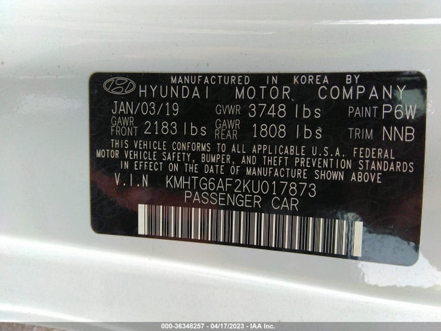 2019 HYUNDAI VELOSTER 2.0 VIN: KMHTG6AF2KU017873