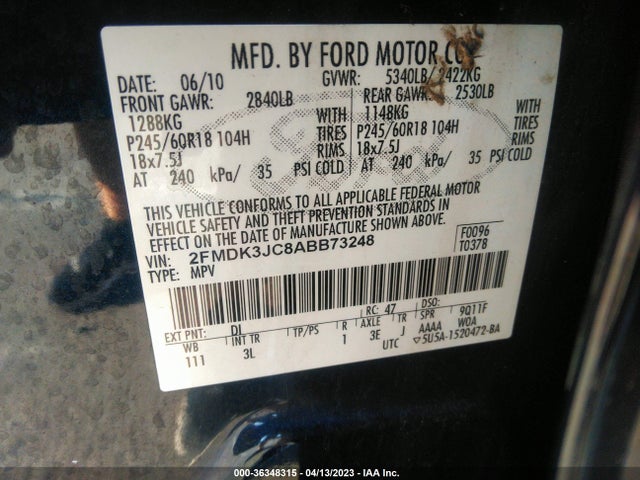 2010 FORD EDGE SEL VIN: 2FMDK3JC8ABB73248